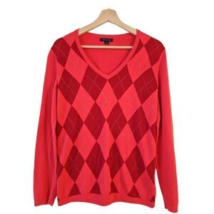 Tommy Hilfiger Women's V Neck Red & Gold Diamond Argyle Sweater Preppy Y2K Sz M
